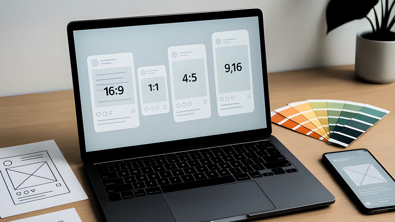 Laptop zeigt Content-Formate 16:9, 1:1, 4:5 und 9:16 für Social Media