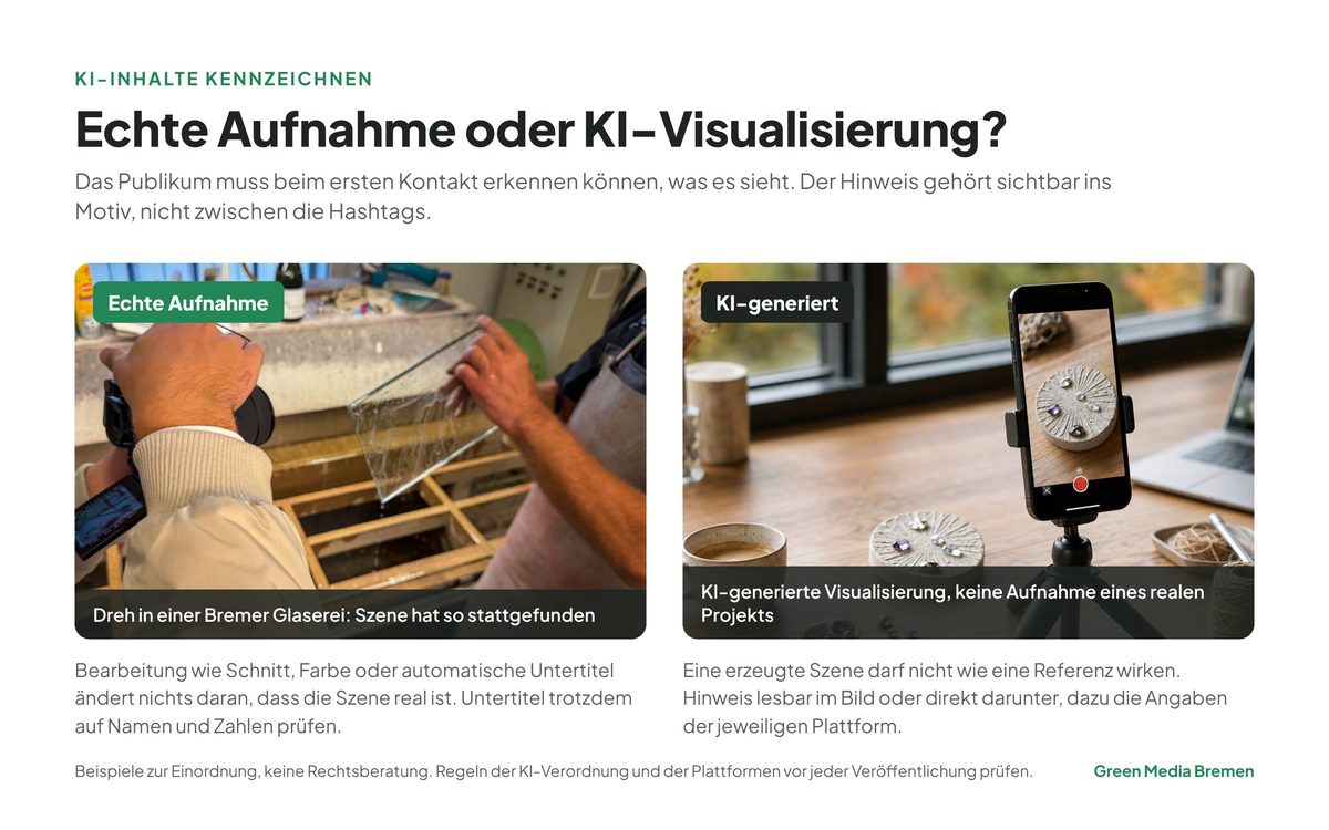 Vergleich: echte Aufnahme aus einer Glaserei neben einer gekennzeichneten KI-generierten Visualisierung