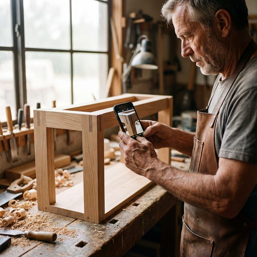 Handwerker fotografiert mit dem Smartphone in der Werkstatt