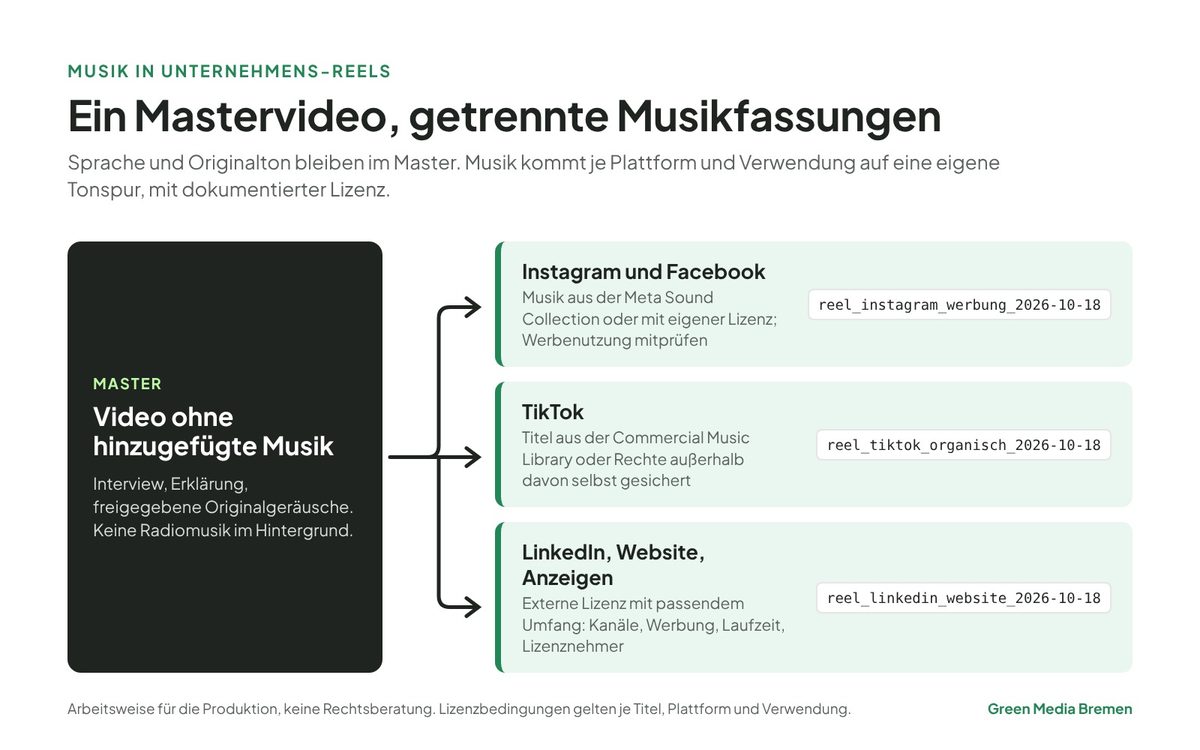 Schema: ein Mastervideo ohne Musik und drei getrennte, geprüfte Musikfassungen für Instagram und Facebook, TikTok sowie LinkedIn, Website und Anzeigen