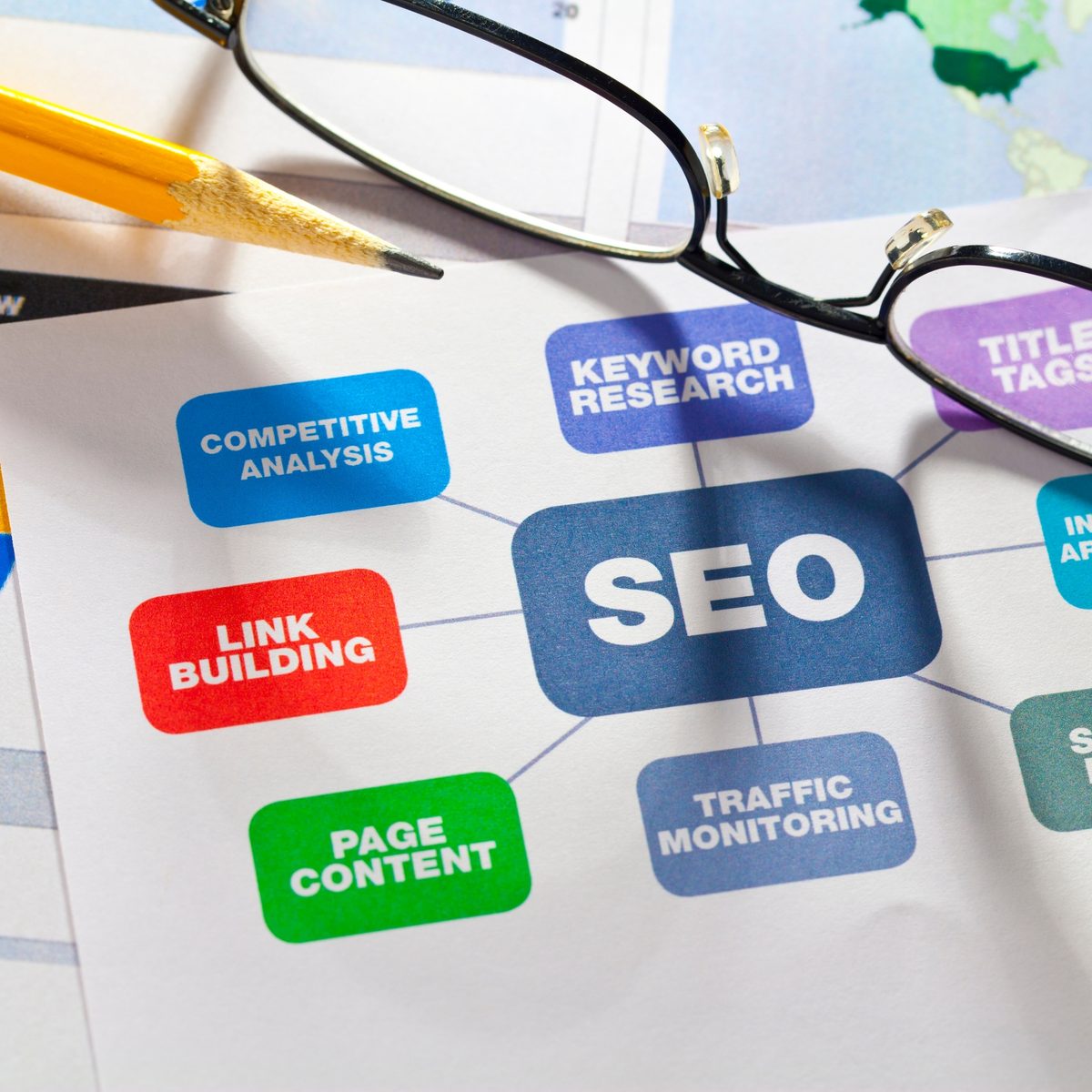 Handgezeichnete Mindmap zum Thema SEO neben Brille und Stift