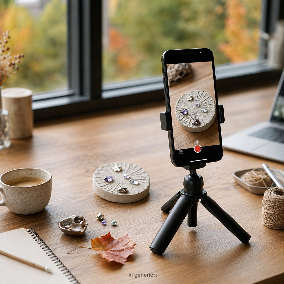 Smartphone auf einem Mini-Stativ filmt mit Schmucksteinen verzierte Betonscheiben auf einem Schreibtisch (KI-generierte Illustration)