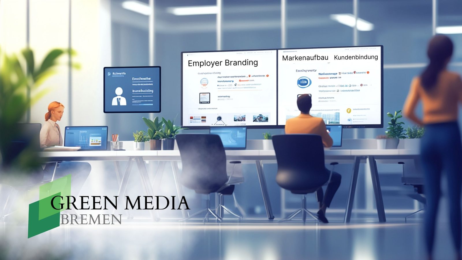 Illustration eines Büros mit großen Bildschirmen und drei Mitarbeitern von Green Media Bremen