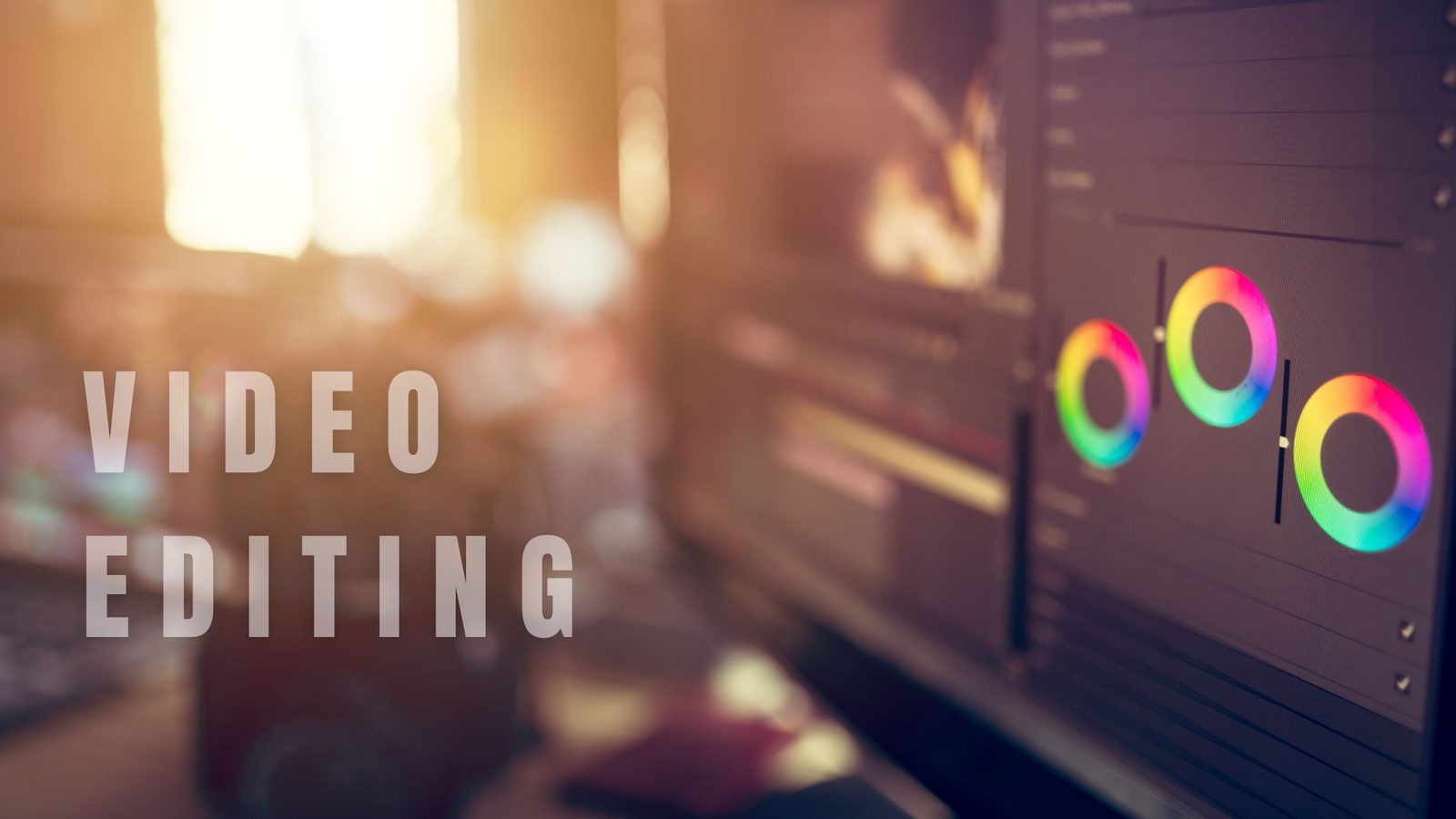 Schnittplatz mit Monitor und dem Schriftzug „Video Editing“