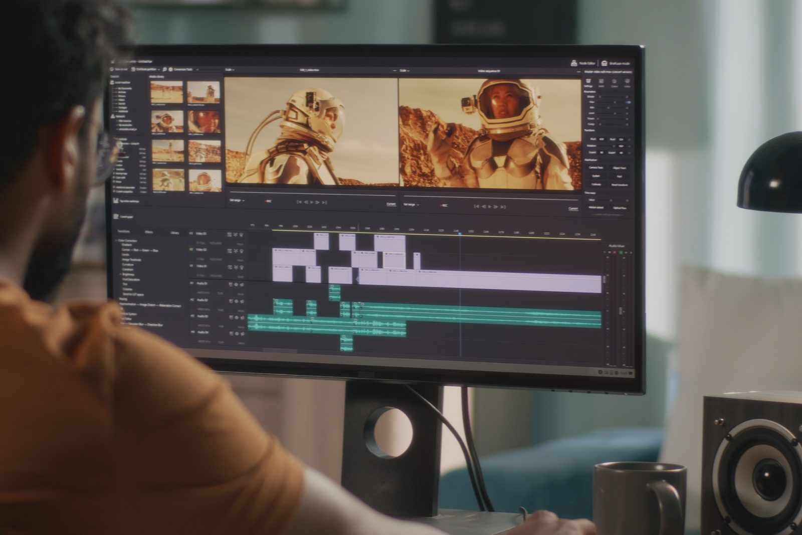 Videoeditor schneidet Social-Media-Content am Monitor in einem Schnittprogramm